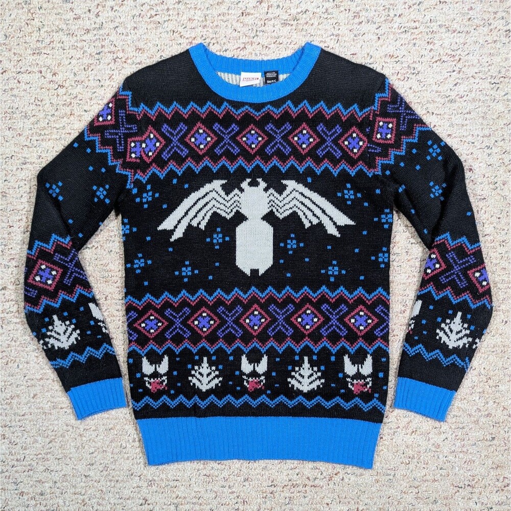Marvel Venom Ugly Christmas Sweater Mens SMALL Black Long Sleeve Holiday
